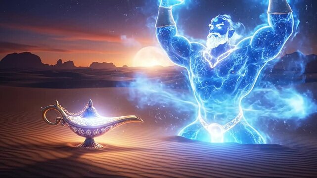 An imposing, ethereal blue magical entity, pulsating with vibrant energy, dramatically rises from the shifting desert sands under a celestial sky. This powerful, bearded spirit manifests beside an exq