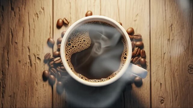 An inviting aerial view showcases a steaming white mug of freshly brewed black coffee resting on a rustic wooden surface, generously scattered with roasted coffee beans. Gentle wisps of steam rise gra