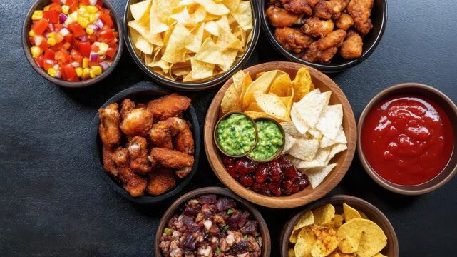 Crisp tortilla chip and chicken bite platter with salsa guacamole nacho appetizer spread