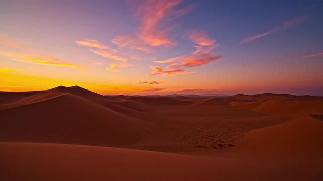 Cinematic time lapse of rolling sand dunes in vast desert landscape during dramatic sunset with colorful clouds and rippled texture