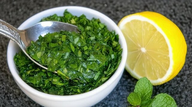 Chopped parsley lemon mint sauce in bowl spoon. bright zesty herb condiment