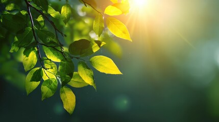Sunlight filters through green leaves in a forest. The leaves show various shades of green while light creates highlights. The scene captures the beauty of nature during the day.