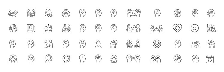 Psychotherapy icon collection featuring linear vector symbols of mental health care, therapy methods, cognitive and humanistic approaches, positive psychology, gestalt treatment, illustration