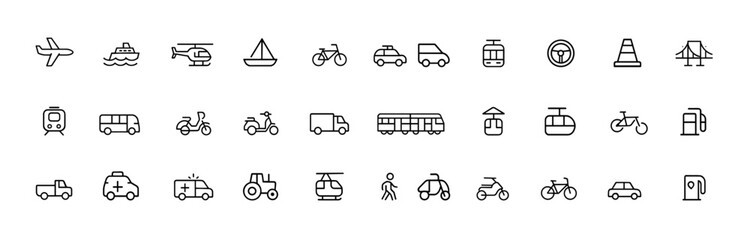 Transport vector glyph icon set, airplane ferry helicopter cargo ship motorcycle bicycle tram subway metro, black silhouette pictograms for travel logistics transit delivery illustration