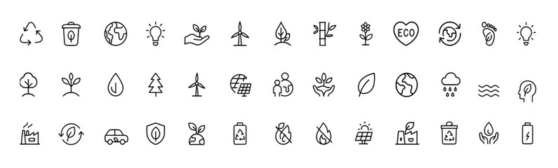 Eco sustainability icon set, clean black glyph symbols for renewable energy, recycling, tree and leaf nature care, solar and wind power, conservation and environment-friendly concepts, climate ecology