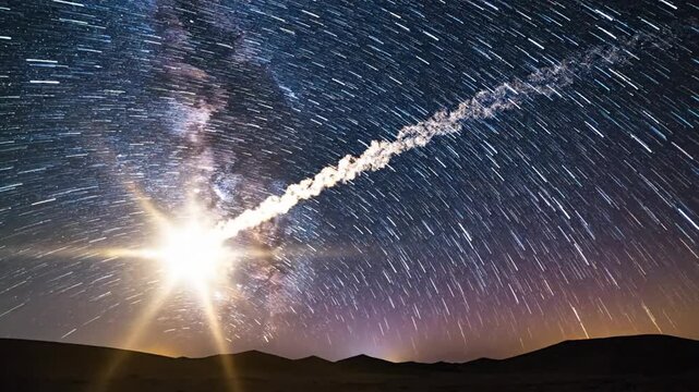 Spectacular Bolide Meteor Fireball with Smoke Trail Crossing Milky Way Star Trails in Desert Night Sky Time Lapse