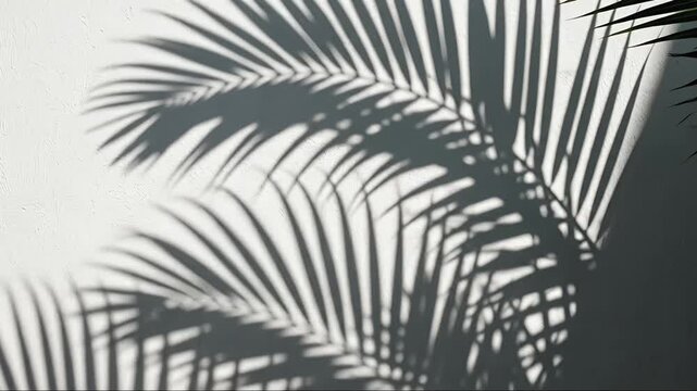 Dynamic shadows of lush palm fronds gracefully sway and shift across a bright, textured white wall, creating a serene and captivating natural pattern. The subtle movement evokes a sense of peace and t
