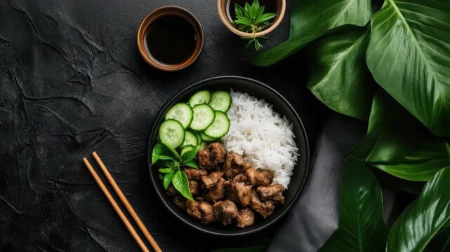 Glazed meat and savory chicken rice bowl with cucumber slices, greens, soy dipping bowl