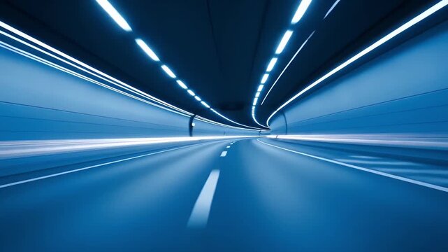 Experience the exhilarating sensation of rapid movement through a modern, illuminated tunnel. The dynamic perspective from a moving viewpoint captures a fast-paced journey, highlighted by streaking li