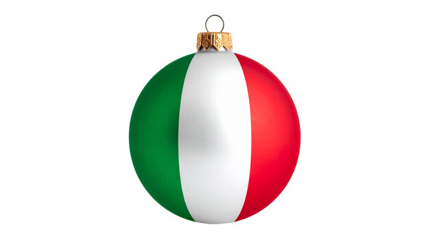Christmas ball ornament with Italian flag pattern isolated on white background.