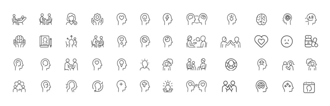 Psychotherapy icon collection featuring linear vector symbols of mental health care, therapy methods, cognitive and humanistic approaches, positive psychology, gestalt treatment, illustration