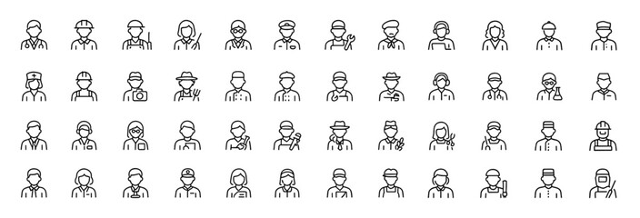 Profession Icon Set, minimalist linear pictograms of doctor, engineer, firefighter, teacher, scientist, mechanic, artist, lawyer, various job roles for career and work themes, vector illustration