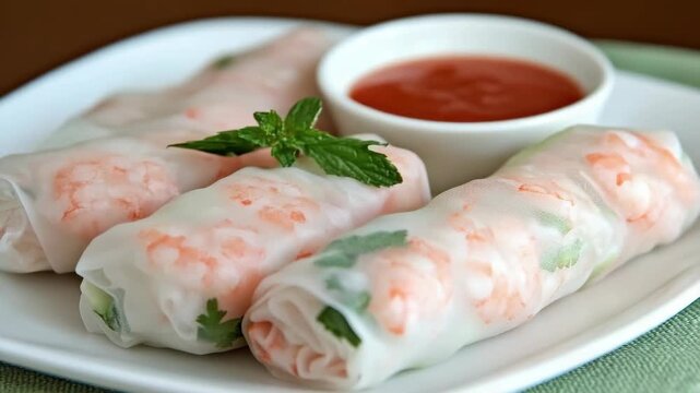 Fresh shrimp spring roll with rice paper, herb, mint and savory dipping sauce for appetizer