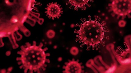Vibrant red virus particles floating in a digital representation. The background is dark highlighting the details of the virus structure.