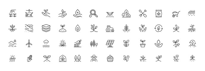 Sustainable agriculture soil regeneration icon set, thin linear vector pictograms of irrigation systems, erosion control, nutrient management, farming tools, eco conservation design