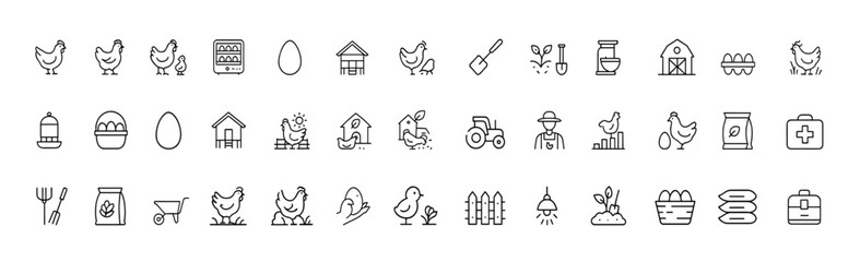 Poultry farming vector icons of chicken, rooster, henhouse, incubator, feeding tools, free-range symbols and agriculture outline pictograms, linear farm equipment set, organic livestock illustration