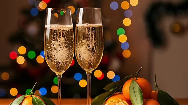 The scene captures two elegant flutes filled with a golden, effervescent sparkling beverage, showcasing a mesmerizing cascade of bubbles rising within the liquid. Positioned on a warm surface, a colle