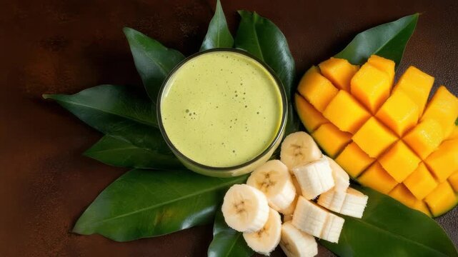 Green smoothie banana mango tropical leaf smoothie glass fruit smoothie with sliced banana