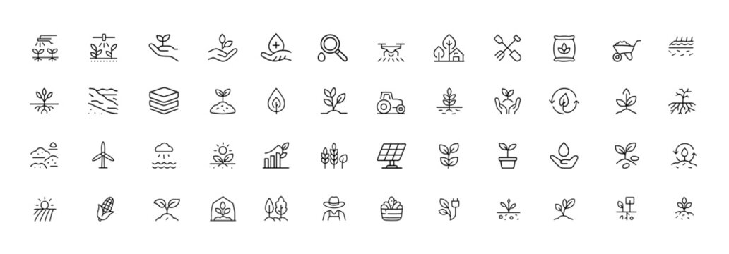 Sustainable agriculture soil regeneration icon set, thin linear vector pictograms of irrigation systems, erosion control, nutrient management, farming tools, eco conservation design