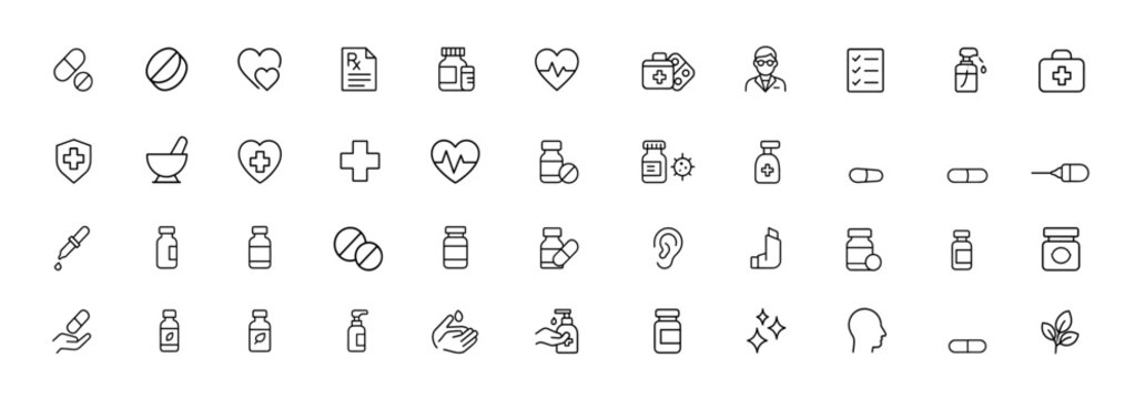 Pharmacy and medicine icon collection with thin outline pills, capsules, tablets, bottles, prescriptions, pharmacist tools, drug safety symbols, clean medical vector illustration, healthcare design