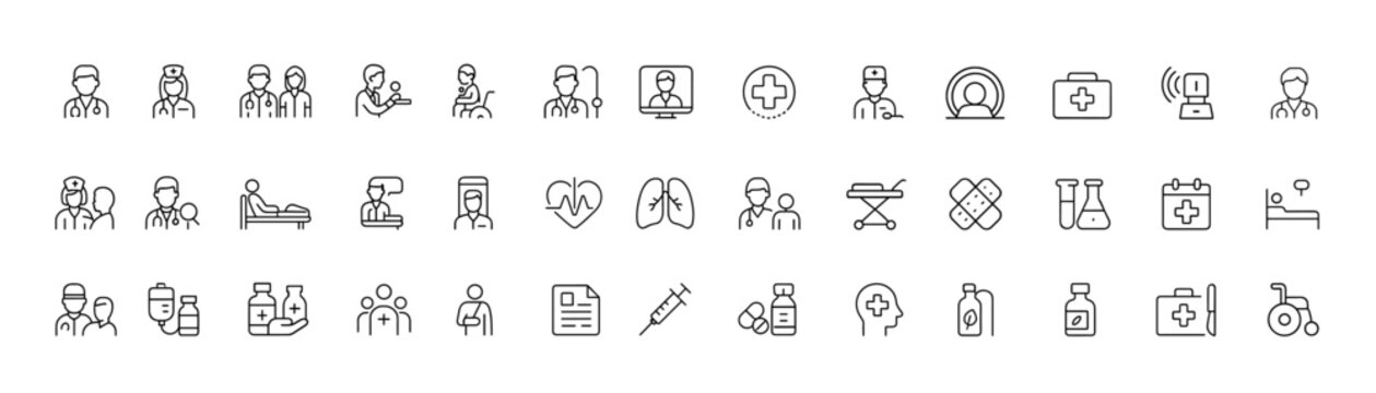 Healthcare line icons set featuring doctors, nurses and patients with medical services, diagnostics, emergency care, telemedicine and clinical treatment symbols, vector outline illustration