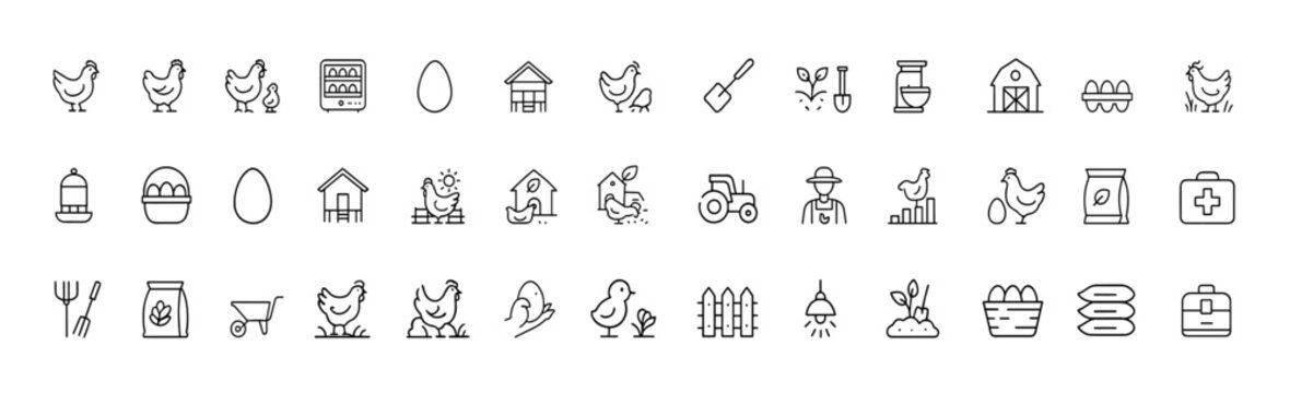 Poultry farming vector icons of chicken, rooster, henhouse, incubator, feeding tools, free-range symbols and agriculture outline pictograms, linear farm equipment set, organic livestock illustration