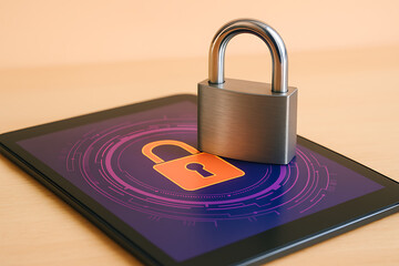 Digital Security Padlock on Tablet Screen