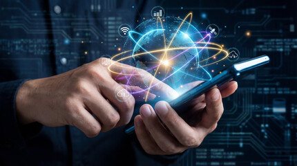 M&atilde;os Segurando Tablet com Rede Abstrata de Dados Globais e Intelig&ecirc;ncia Artificial Brilhante - Conceito de Tecnologia Futura e Inova&ccedil;&atilde;o Digital