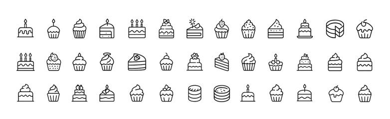Birthday cake line icons set with cupcakes, wedding cakes, cheesecake and pastry desserts in thin outline style, vector bakery symbols for celebration, party sweets and gourmet treats, festive