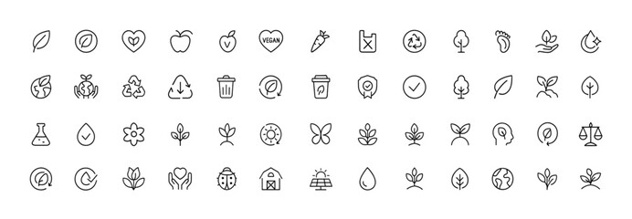 Ethical eco-friendly production line icon set, organic vegan recyclable symbols in thin linear style, clean plastic-free certified non-toxic pictograms, vector illustration, sustainable design,