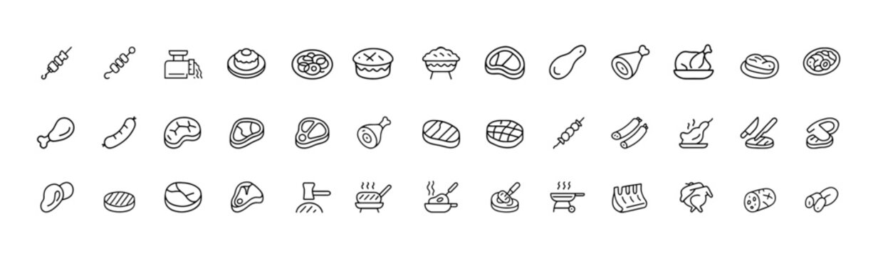 Meat product icon set, thin linear vector pictograms of kebab, steak, shashlik, patty, tartare, carpaccio, casserole, grill food, fresh and cooked meat assortment, outline cooking illustration