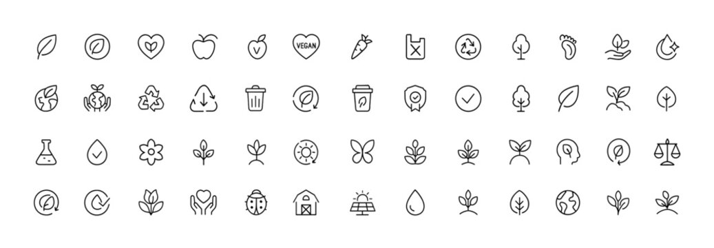 Ethical eco-friendly production line icon set, organic vegan recyclable symbols in thin linear style, clean plastic-free certified non-toxic pictograms, vector illustration, sustainable design,