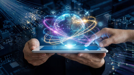 M&atilde;os Segurando Tablet com Rede Abstrata de Dados Globais e Intelig&ecirc;ncia Artificial Brilhante - Conceito de Tecnologia Futura e Inova&ccedil;&atilde;o Digital
