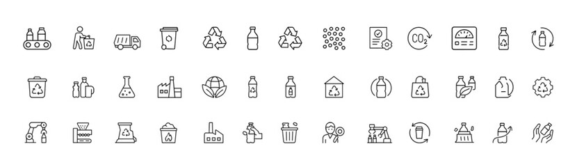 Recycled plastic icon collection in clean thin-line style, featuring waste sorting, conveyor flow, logistics truck, chemical and thermal energy symbols for eco reuse and sustainability