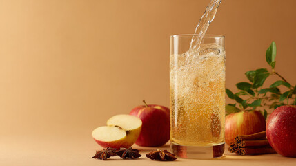 Apple cider being poured into a glass. Fresh carbonated drink with apples, cinnamon sticks, and star anise on a beige background, with copy space.
