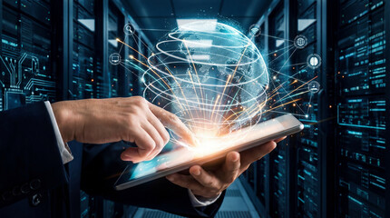 M&atilde;os Segurando Tablet com Rede Abstrata de Dados Globais e Intelig&ecirc;ncia Artificial Brilhante - Conceito de Tecnologia Futura e Inova&ccedil;&atilde;o Digital