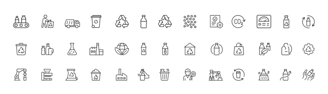 Recycled plastic icon collection in clean thin-line style, featuring waste sorting, conveyor flow, logistics truck, chemical and thermal energy symbols for eco reuse and sustainability