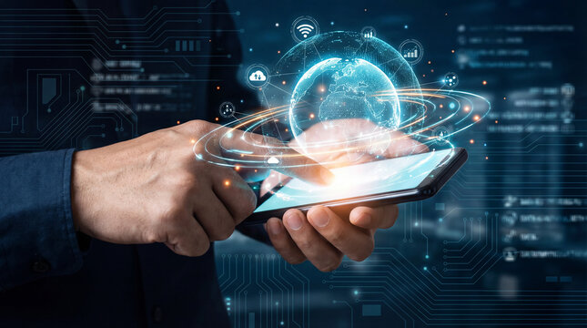 M&atilde;os Segurando Tablet com Rede Abstrata de Dados Globais e Intelig&ecirc;ncia Artificial Brilhante - Conceito de Tecnologia Futura e Inova&ccedil;&atilde;o Digital