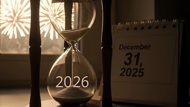 This conceptually rich video captures the symbolic passage of time, featuring an elegant hourglass where grains of sand are actively falling, prominently revealing the year "2026" within its lower bul