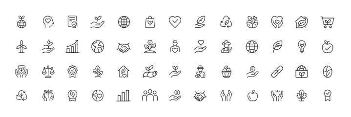 Fair Trade and Sustainability icon set showing ethical sourcing, eco-friendly practices, global responsibility, organic environment symbols in clean thin-line vector illustration, recycle