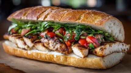 A grilled chicken sandwich is served on a toasted baguette. It is filled with fresh vegetables like tomatoes and leafy greens. The sandwich looks ready to eat.