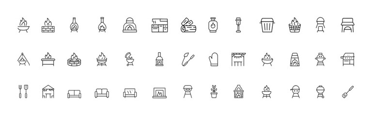 Backyard firepit icon collection featuring clean thin-line vector symbols of outdoor patio setups, chiminea, pizza oven, fireplace tools, propane tank, grill area, garden furniture, summer barbecue