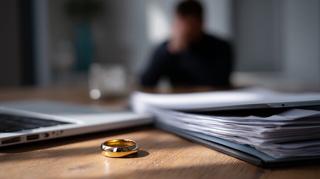 Divorce documents on desk with wedding ring and laptop after separation decision
