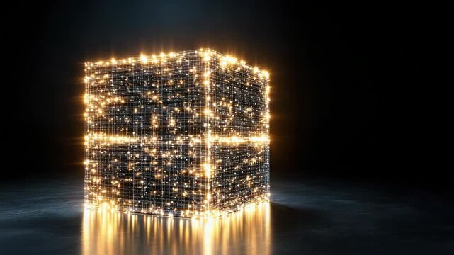 Glowing illuminated data cube golden light reflections on reflective floor futuristic ambient mood