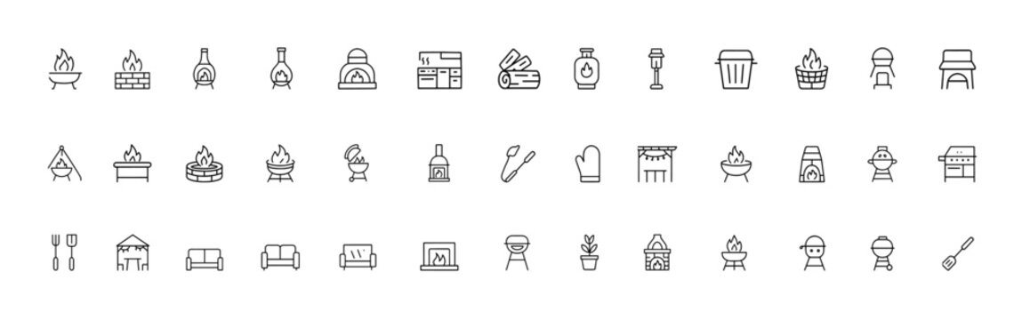 Backyard firepit icon collection featuring clean thin-line vector symbols of outdoor patio setups, chiminea, pizza oven, fireplace tools, propane tank, grill area, garden furniture, summer barbecue