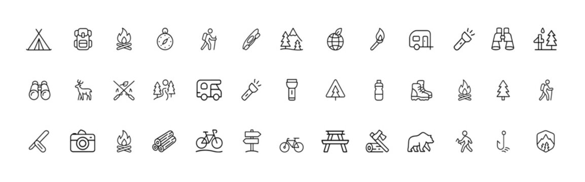 Camping outdoor adventure icon set with glyph silhouette pictograms of tent, backpack, campfire, compass, kayak, hiking and nature travel elements, vector illustration for wilderness exploration