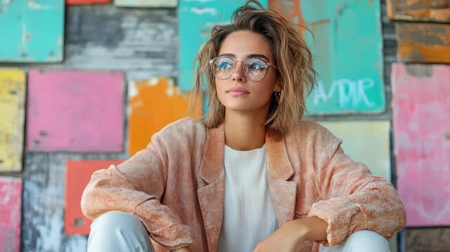 Young woman with glasses and textured jacket sitting confidently and smiling against colorful