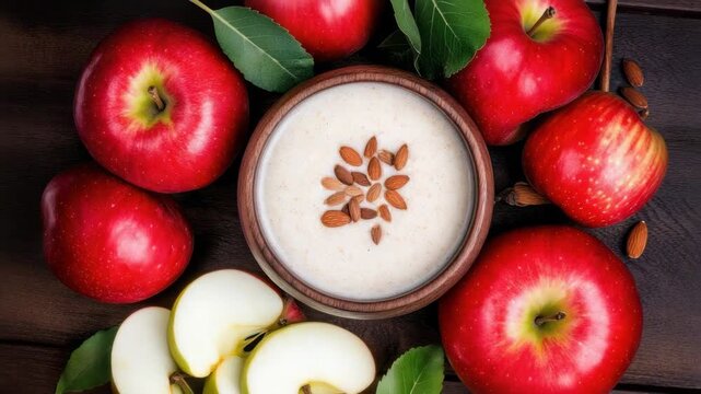 Creamy almond yogurt bowl with red apple slices and whole apple, sliced apple nuts bowl