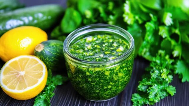 Lemon pesto herb sauce with parsley, zucchini and bright citrus green condiment
