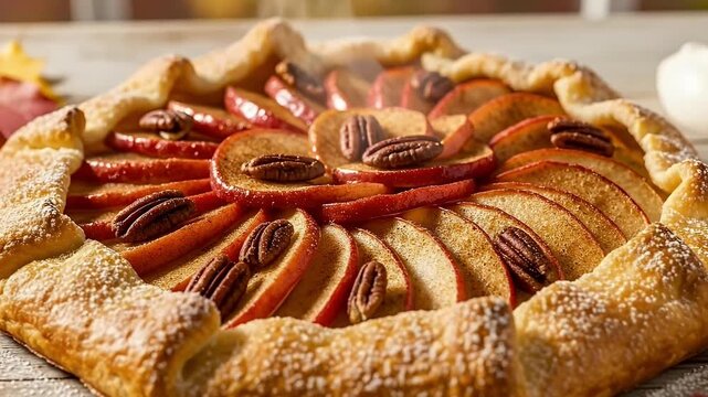 This inviting close-up captures a beautifully rustic homemade apple galette, freshly baked and dusted with a delicate layer of powdered sugar. Slices of vibrant red apples are artfully arranged on a g